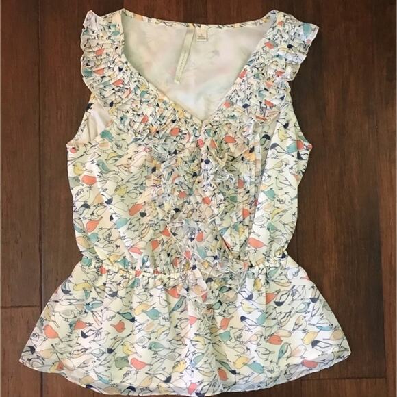 LC Lauren Conrad Bird Print Ruffled Sleeveless Blouse with Elastic Waist Small - Picture 8 of 12
